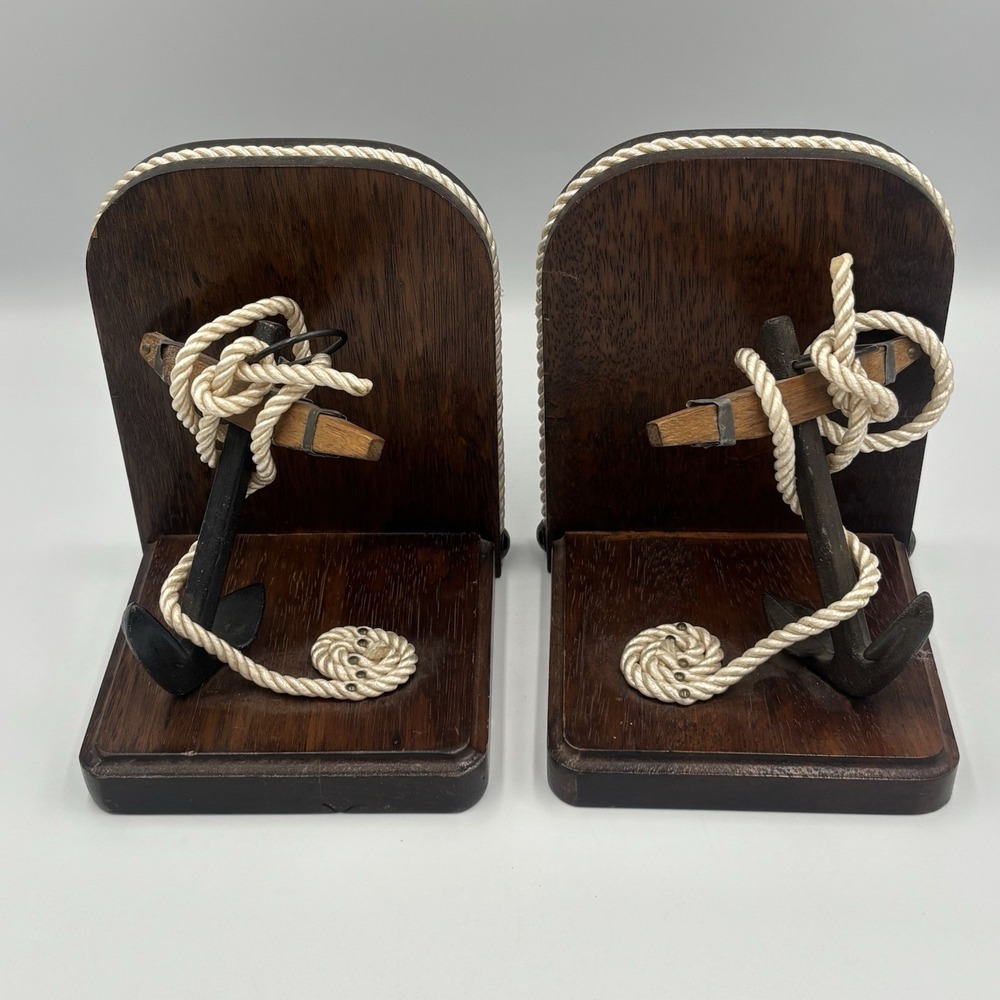 Vintage Nautical Theme Bookends Wood & Ropeโ with Cast Iron Anchors